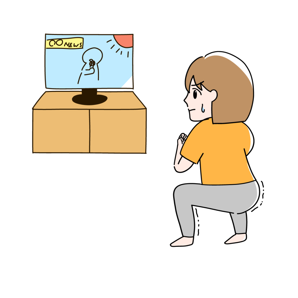 テレビを見ながらスクワットをする女性のイラスト